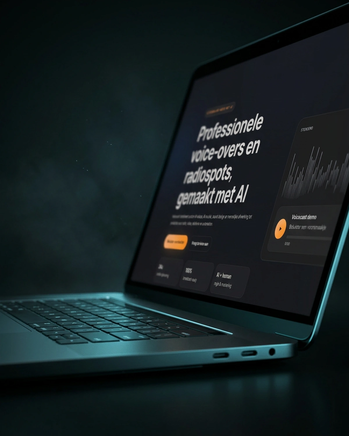 Showcase website met audiofragmenten op laptop in een donkere studio-setting.