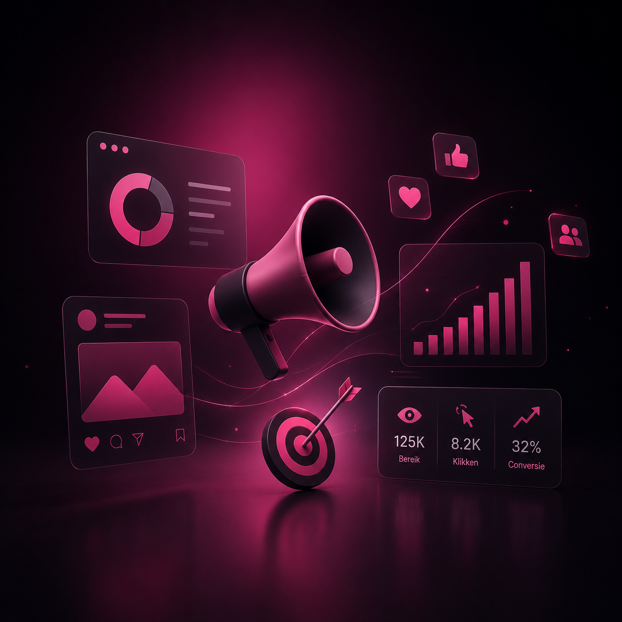 Premium smartphone met social media campagne in magenta en coral sfeer